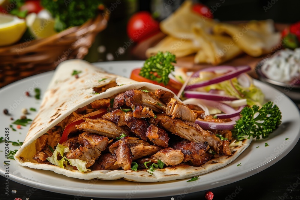 Doner kebab on a plate with french fries, salad and sauce close-up on a table. Horizontal top view. Beautiful simple AI generated image Doner kebab on a plate with french fries, salad and sauce close-up on a table. Horizontal top view. Beautiful simple AI generated image