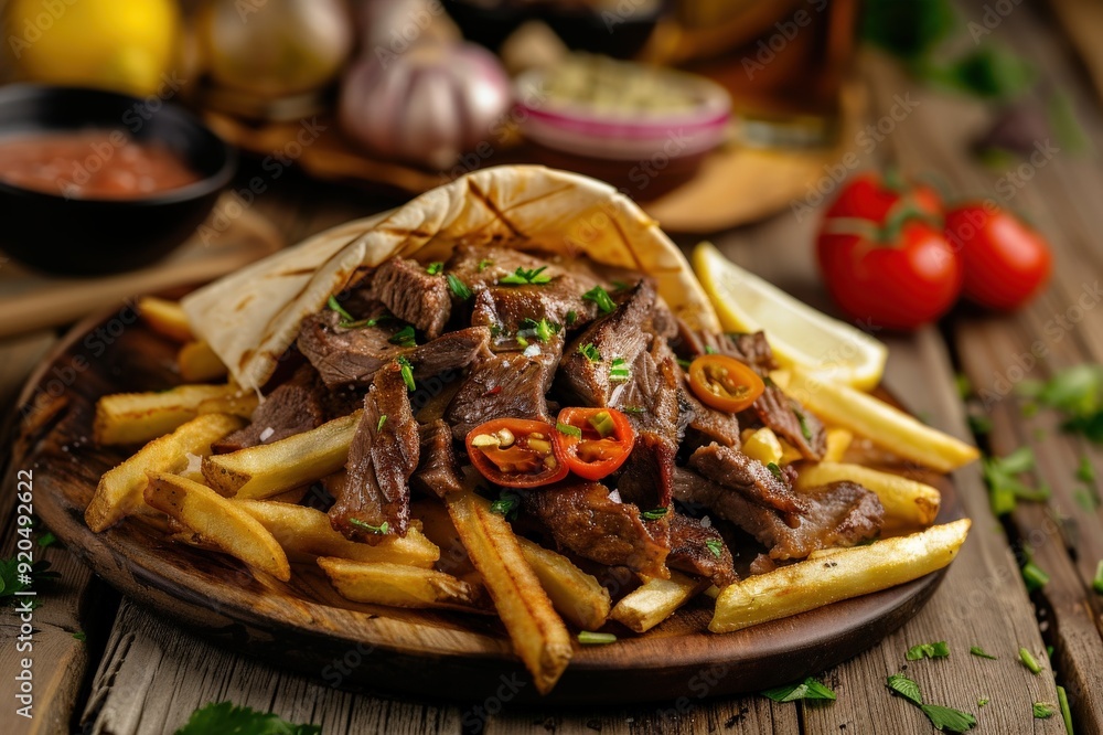 meat wrap - tortilla bread served with french fries on isolated white background. Beautiful simple AI generated image meat wrap - tortilla bread served with french fries on isolated white background. Beautiful simple AI generated image