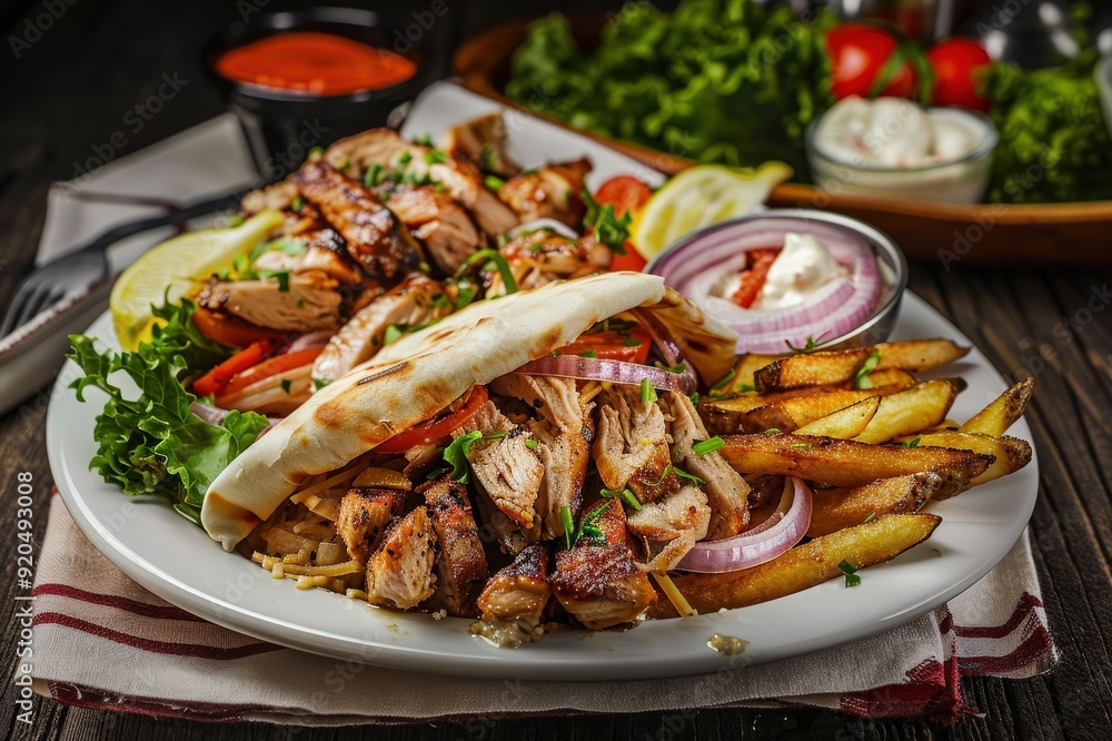 Doner kebab on a plate with french fries, salad and sauce close-up on a table. Horizontal top view. Beautiful simple AI generated image Doner kebab on a plate with french fries, salad and sauce close-up on a table. Horizontal top view. Beautiful simple AI generated image