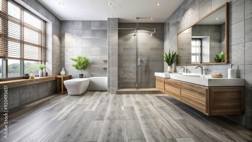 Modern bathroom with sleek, gray, waterproof flooring providing a stylish and durable solution for high-moisture areas, featuring subtle texture and sheen.