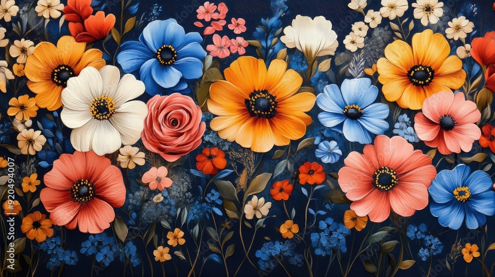 Bright floral print pattern on fabric background Bright floral print pattern on fabric background