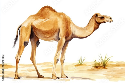 Artwork depicting a camel. Watercolor image. Highlighted on white canvas. Abstract brushwork combined with realistic details. photo