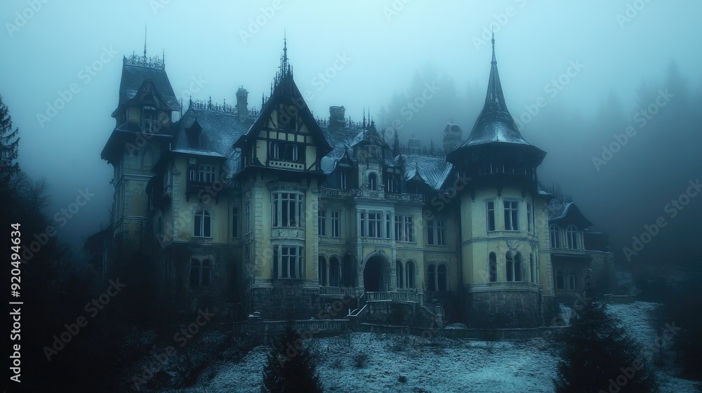 Spooky old gothic castle, foggy night, haunted mansion Spooky old gothic castle, foggy night, haunted mansion
