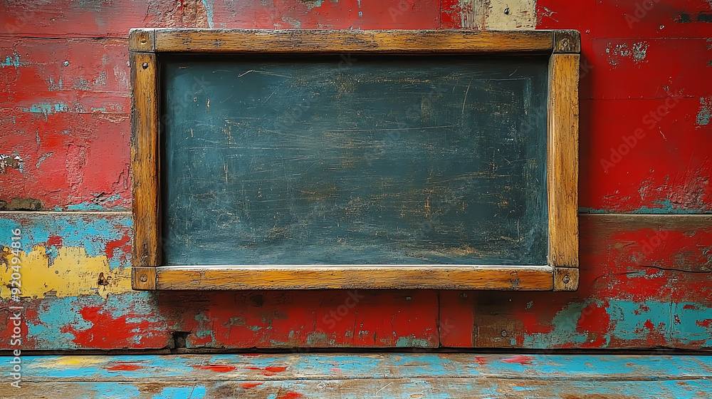 Naklejka premium A blank chalkboard with a wooden frame, mounted on a red, blue, and yellow painted wall.