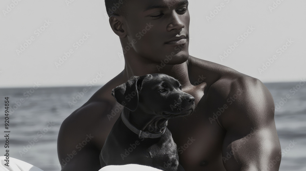 © wernerimages - A man is holding a puppy while sitting by the seaside. He is bare-chested, the puppy looks content, and the scene exudes warmth and companionship against a calming background. © wernerimages - A man is holding a puppy while sitting by the seaside. He is bare-chested, the puppy looks content, and the scene exudes warmth and companionship against a calming background.