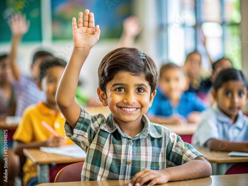 Eager young student with big brown eyes and bright smile raises hand in a colorful Indian classroom, seeking teacher's attention to answer a question. photo