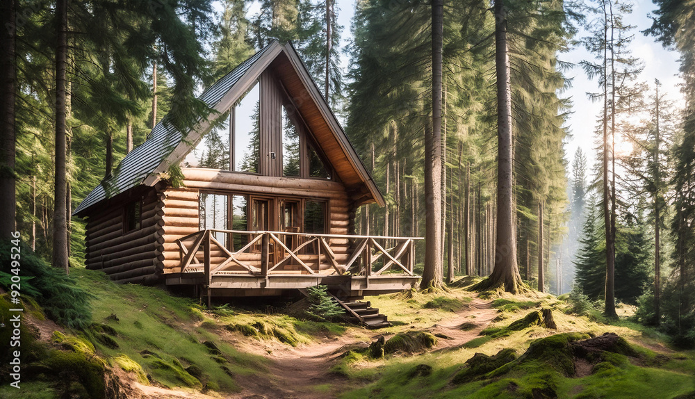 Rustic wooden hut in a green forest, with smoke coming out of the chimney Rustic wooden hut in a green forest, with smoke coming out of the chimney