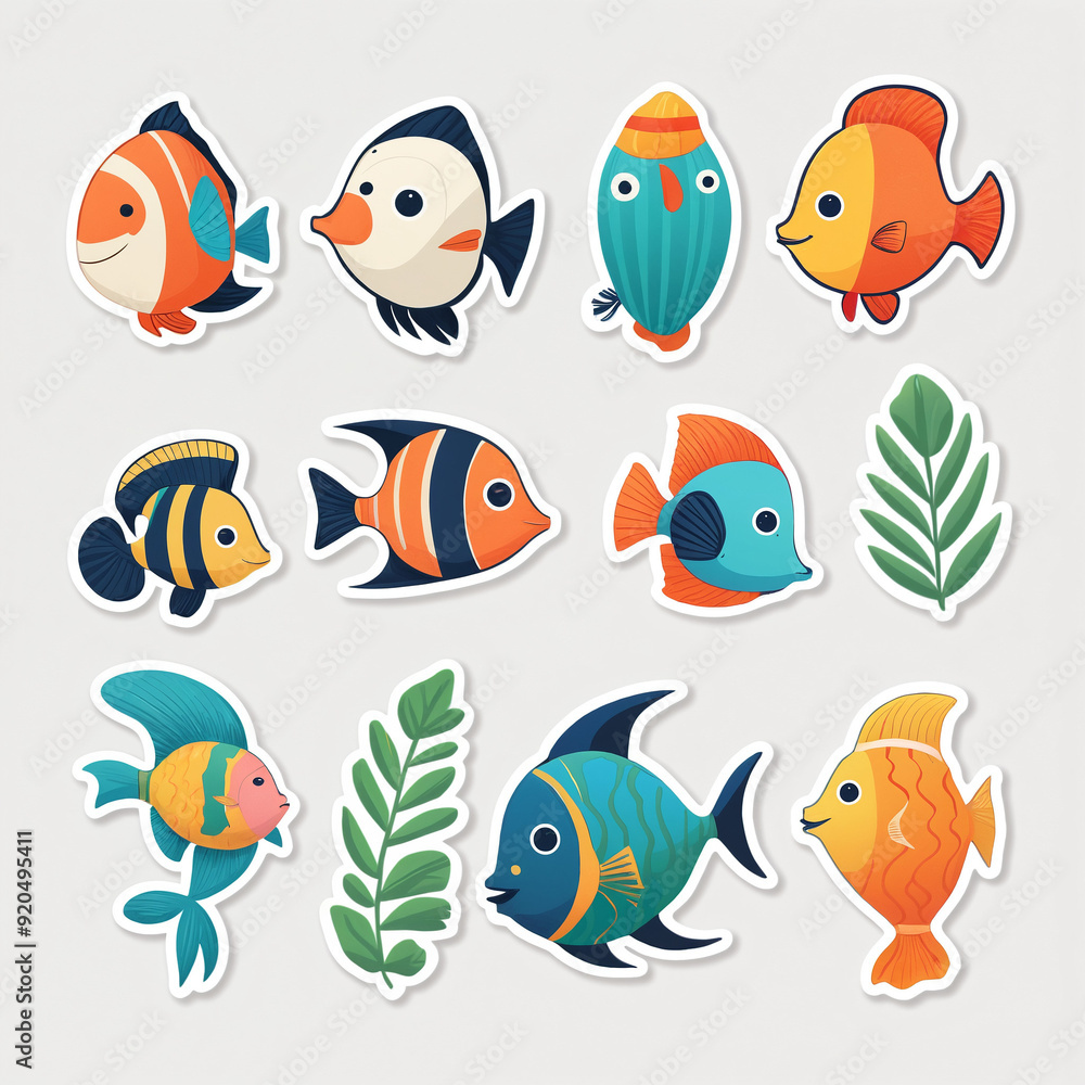 Fototapeta premium Tropical fish sticker on white background. Colorful cartoon set of fish. Generated AI