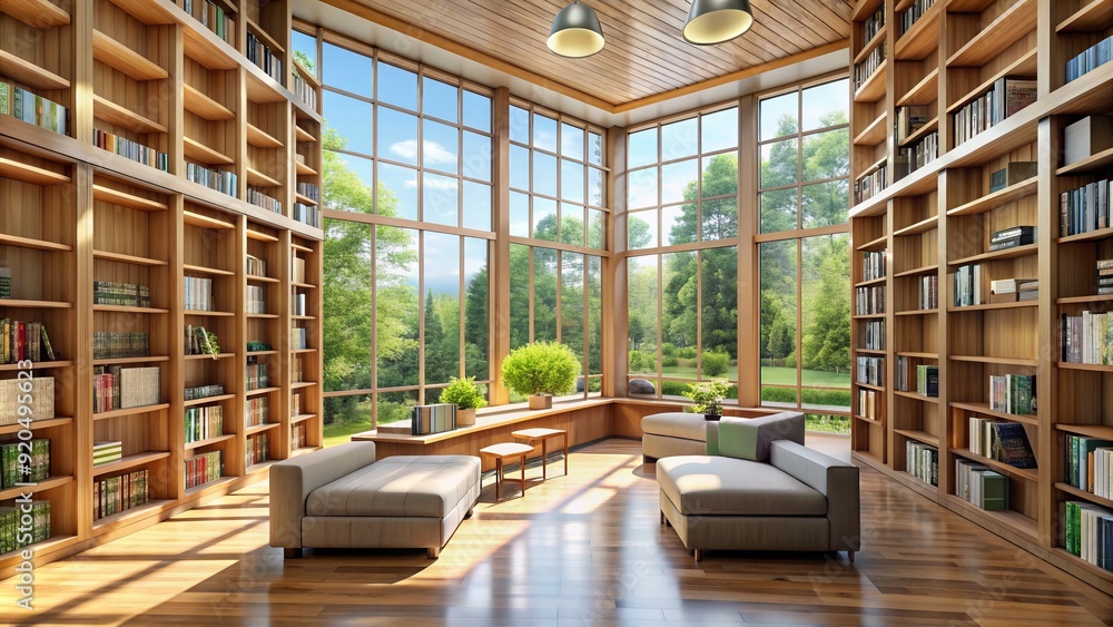 Modern library interior with sleek wooden shelves, comfortable reading nooks, and natural light pouring in through large windows, creating a peaceful learning atmosphere. Modern library interior with sleek wooden shelves, comfortable reading nooks, and natural light pouring in through large windows, creating a peaceful learning atmosphere.