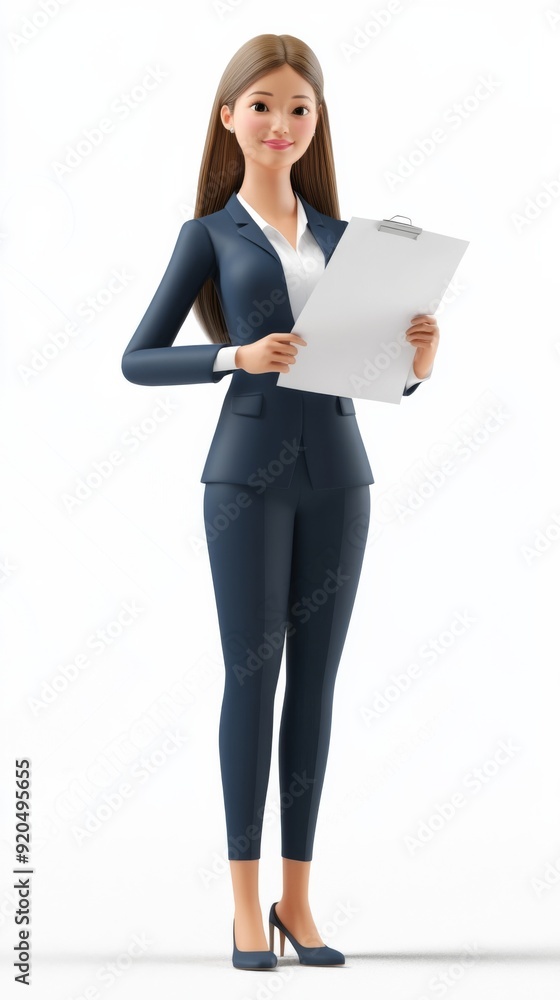Young asian business woman standing with paper document on a white background. 3d illustration Young asian business woman standing with paper document on a white background. 3d illustration