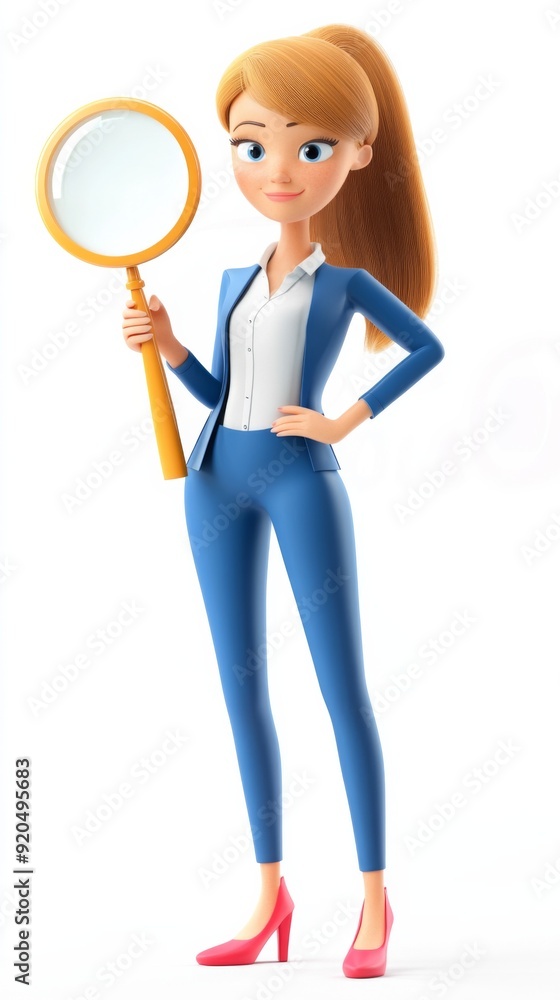  Young business woman Emma standing with magnifier glass on a white background. 3d illustration. Searching concept