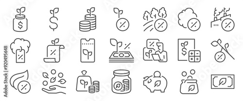 Green Tax icon set. It includes taxes, financial, money, discounts, deductions, savings, and more icons. Editable Vector Stroke.