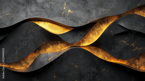 A close-up of a textured, dark grey wall with three wavy, glowing gold lines