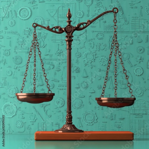 Bronze justice scale on a wooden base against an embossed teal background featuring legal symbols, representing law, balance, and fairness. photo