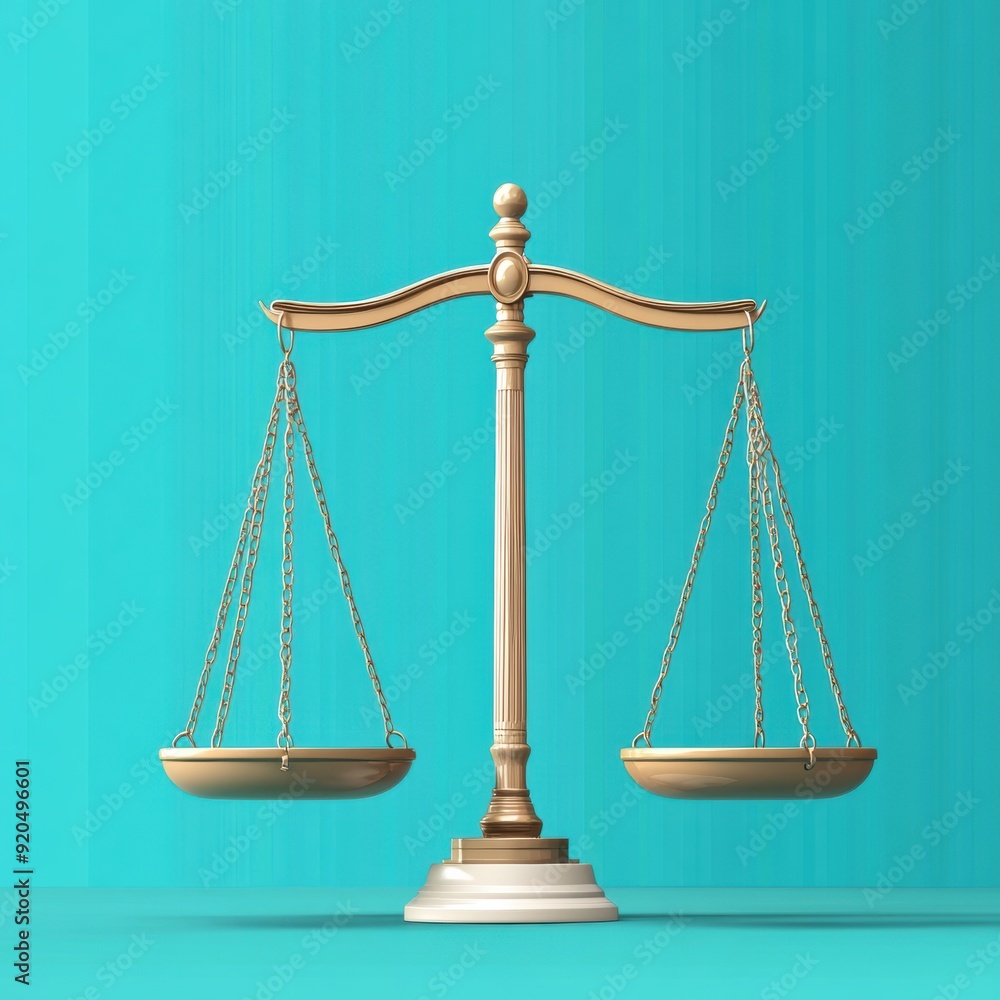 A pair of golden balance scales on a turquoise background, representing justice, fairness, and legal equality. A pair of golden balance scales on a turquoise background, representing justice, fairness, and legal equality.