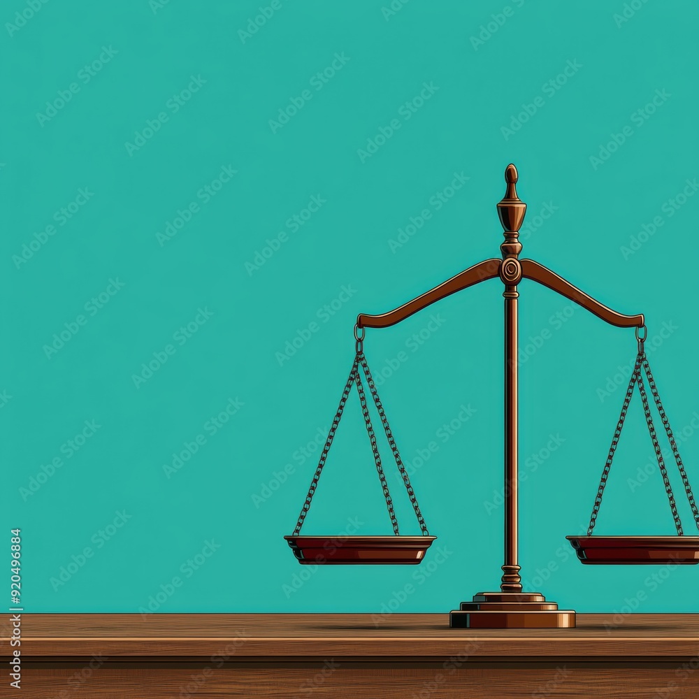 Wooden balance scales on a wooden surface against a turquoise background, symbolizing justice, fairness, and traditional values in law. Wooden balance scales on a wooden surface against a turquoise background, symbolizing justice, fairness, and traditional values in law.