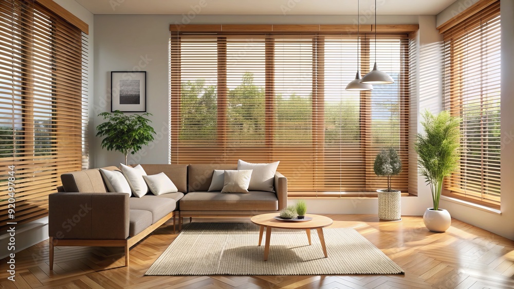 Fototapeta premium Natural wood blinds filter soft, warm sunlight, casting a gentle glow on the minimalist interior, creating a cozy and inviting atmosphere in a modern living space.