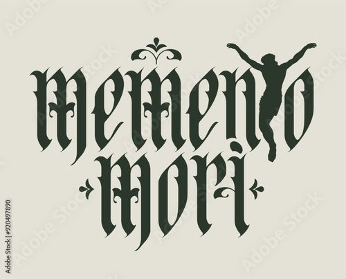 vector calligraphic inscription in gothic font memento mori from latin language translated Think about death and the cross with the crucified Jesus Christ