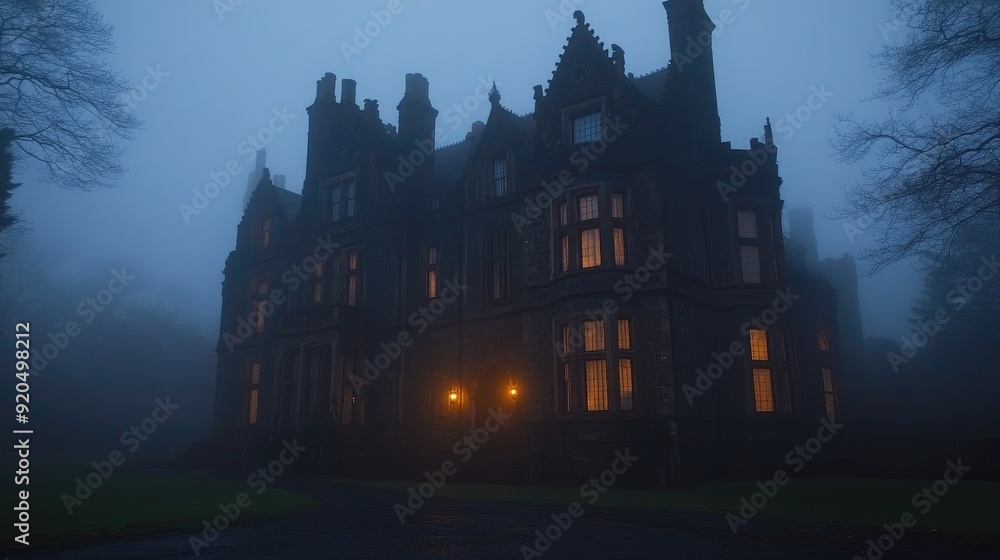 Spooky old gothic castle, foggy night, haunted mansion Spooky old gothic castle, foggy night, haunted mansion