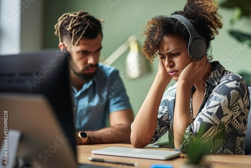 A woman enjoys music while seated at her desk, creating a serene atmosphere as she concentrates on her tasks, AI generated