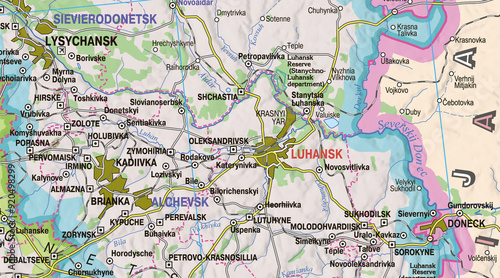 Map showing the city of Luhansk in eastern Ukraine, with the urban area highlighted. Key roads and rivers are also visible, providing a clear view of the city's layout and connections.