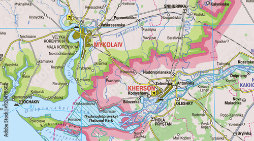 Map of southern Ukraine displaying the cities of Kherson along the Dnieper River and Mykolaiv on the Southern Buh River. Urban areas are highlighted in dark colors, with rivers shown in blue, along wi
