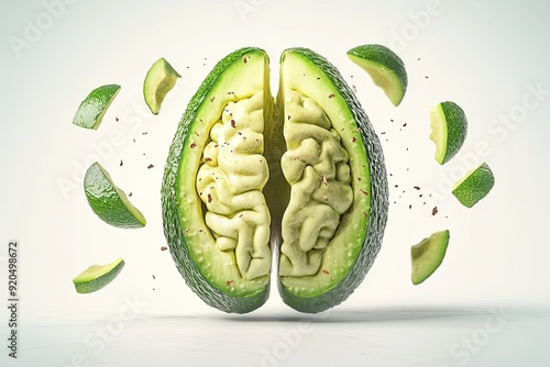 3d Vector freshslice organic avocado spread in around human brain on white background, healthy living concept for brain with fresh natural food  photo