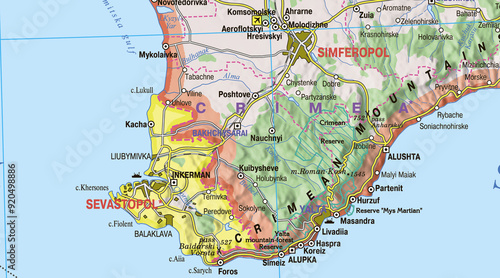 Map of Crimea featuring the cities of Sevastopol on the Black Sea coast and Simferopol inland, with urban areas highlighted. The coastline and major roads are clearly visible, showcasing key connectio