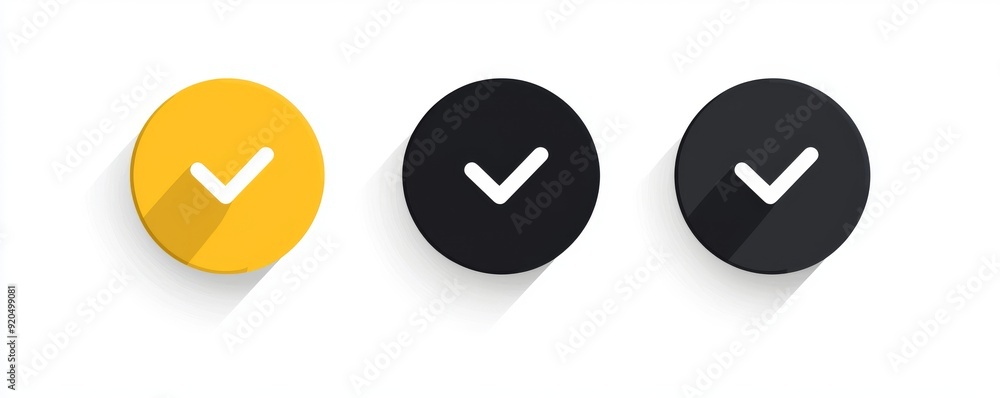 Simple minimalist check mark icons in yellow and black circles with long shadows Simple minimalist check mark icons in yellow and black circles with long shadows