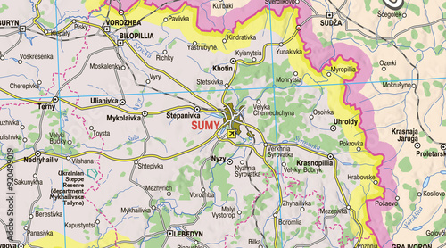 Map highlighting Sumy, a city in Ukraine, showcasing its location and significance within the region, surrounded by nearby towns and geographical features.