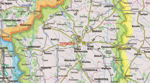 Map featuring Ternopil, a city in western Ukraine known for its picturesque landscapes and historical significance, prominently displayed among the surrounding regions.