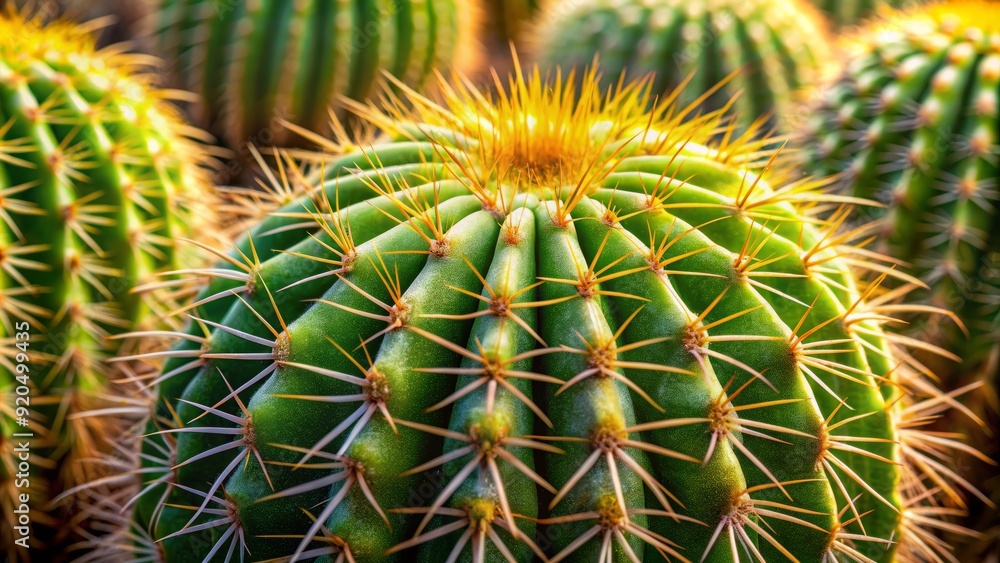Prickly green cactus spine details, soft natural light illuminates intricate textures and patterns on ancient desert plant's wavy, curved, and twisted segments. Prickly green cactus spine details, soft natural light illuminates intricate textures and patterns on ancient desert plant's wavy, curved, and twisted segments.