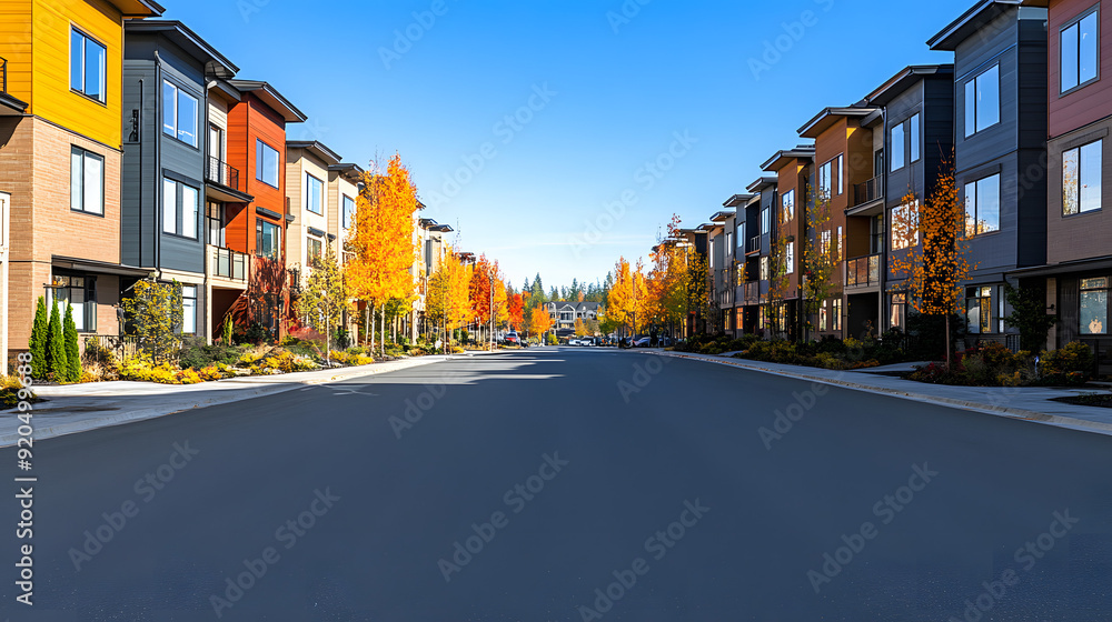 Spotless, Uninhabited Street Flanked by Contemporary Townhouses in a Brand-New Neighborhood. Spotless, Uninhabited Street Flanked by Contemporary Townhouses in a Brand-New Neighborhood.