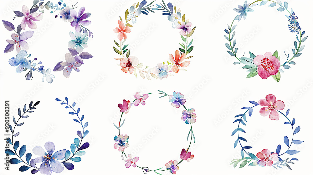 set of round floral wreaths frames, flat graphics isolated on a white background set of round floral wreaths frames, flat graphics isolated on a white background