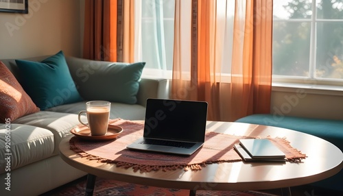 Coffee cup beside a sleek laptop on a white dining table in a minimalist kitchen. Morning light floods the room, showcasing a vase with fresh flowers and a cutting board