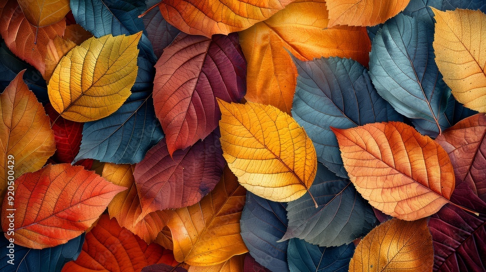 Fototapeta premium Colorful autumn leaves covering the ground in varying shades at a forest location during fall