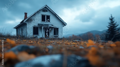 Abandoned haunted house with skeletons peeking through broken windows, against a stormy, moonlit sky.