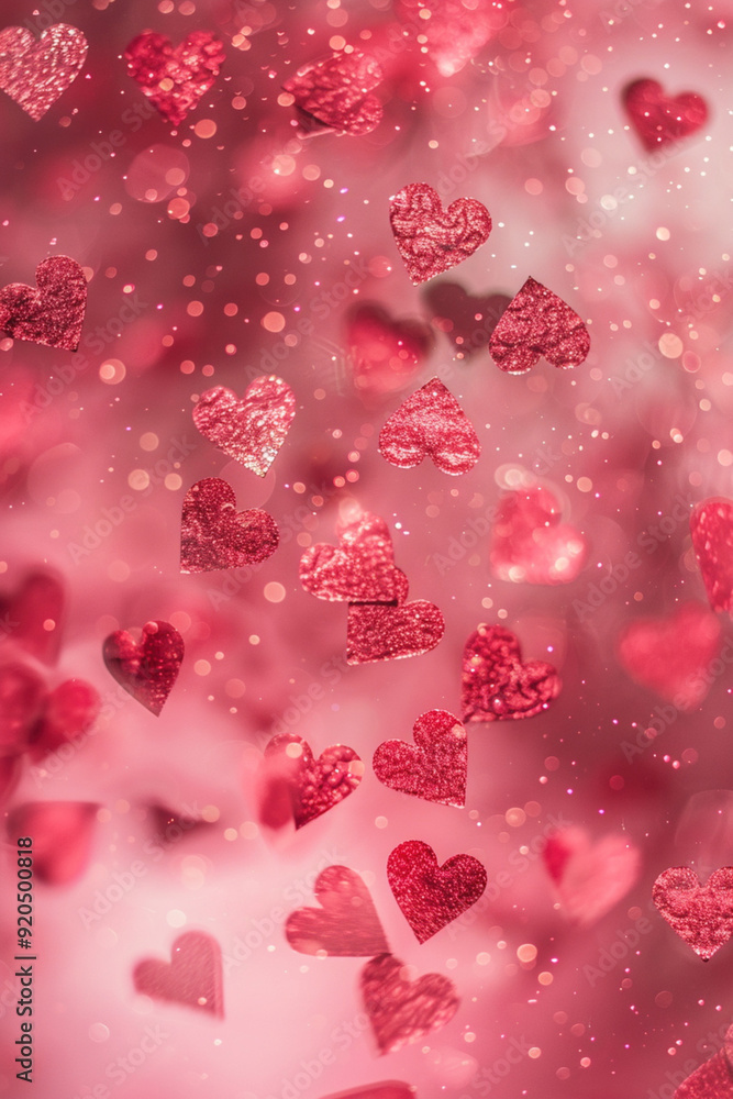 Valentine's Day, expressing love, romantic decoration. Vertical poster for social media. Top view of pattern of red heart shaped and colorful on pink background Valentine's Day, expressing love, romantic decoration. Vertical poster for social media. Top view of pattern of red heart shaped and colorful on pink background