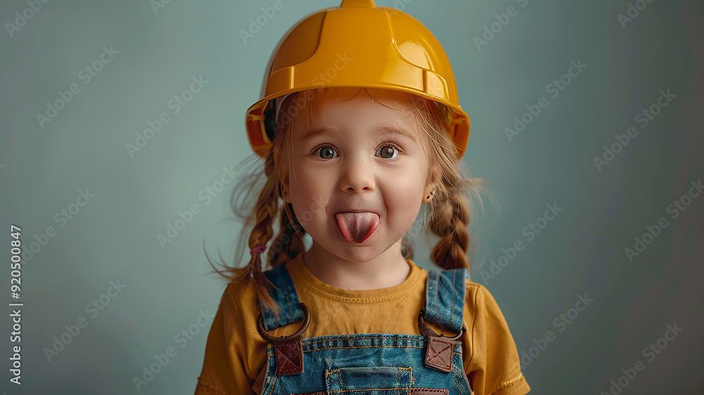 child girl in a construction helmet shows her tongue and teases, the concept of reconstruction renovation in an apartment child girl in a construction helmet shows her tongue and teases, the concept of reconstruction renovation in an apartment