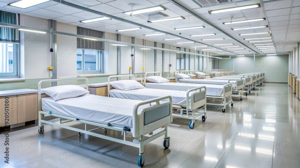 Rows of empty hospital beds lined up in a sterile, well-lit ward, with crisp white sheets and metal frames, awaiting incoming patients in need of care. Rows of empty hospital beds lined up in a sterile, well-lit ward, with crisp white sheets and metal frames, awaiting incoming patients in need of care.