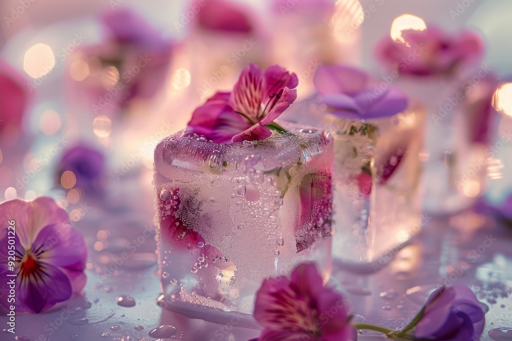 A visually appealing arrangement of ice cubes and soft pink roses, evoking a sense of cool elegance and freshness, Elegant floral ice cubes with bokeh effect, AI generated A visually appealing arrangement of ice cubes and soft pink roses, evoking a sense of cool elegance and freshness, Elegant floral ice cubes with bokeh effect, AI generated