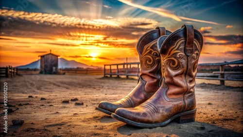 Rugged cowboy boots scuffed and worn, resting on a weathered saddle, surrounded by rodeo arena dirt and fading sunset light, evoking a sense of rugged Americana. photo