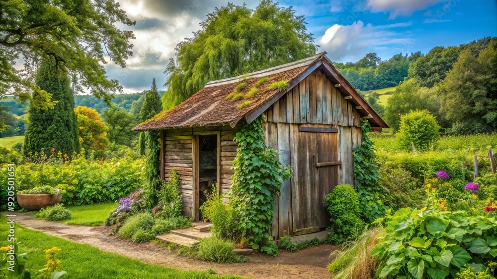 Rustic weathered wooden shed with sloping roof and overgrown garden surrounded by lush greenery and vines in a serene countryside landscape setting. Rustic weathered wooden shed with sloping roof and overgrown garden surrounded by lush greenery and vines in a serene countryside landscape setting.