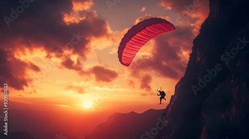 A base jumper’s parachute billowing out over a cliff with a dramatic sunset in the background, creating a vibrant contrast between the bright parachute and the darkening sky.