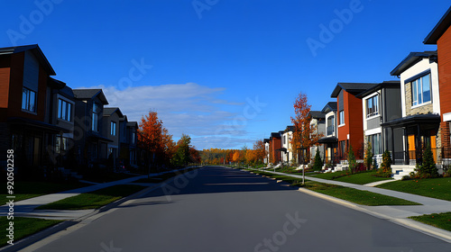 Spotless, Uninhabited Street Flanked by Contemporary Townhouses in a Brand-New Neighborhood.