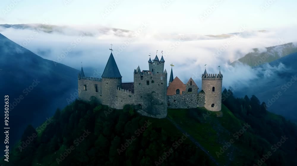 Misty morning view of an ancient castle shrouded in fog on a mountain Misty morning view of an ancient castle shrouded in fog on a mountain