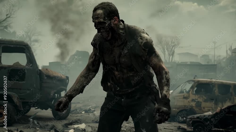 Angry zombie roams abandoned city amidst destruction and chaos Angry zombie roams abandoned city amidst destruction and chaos