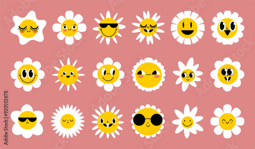 Daisy flowers with cartoon funny smiling faces, chamomile characters. Cute camomile happy emotion. Kids logo design with daisies vector set. Illustration of smile floral flower, bloom camomile