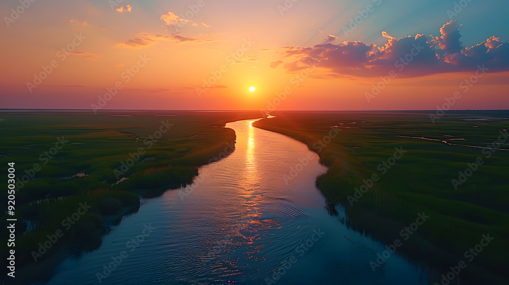 A serene Atlantic estuary at sunset, where a river meets the sea, with salt marshes teeming with life and the sky glowing with warm colors. A serene Atlantic estuary at sunset, where a river meets the sea, with salt marshes teeming with life and the sky glowing with warm colors.