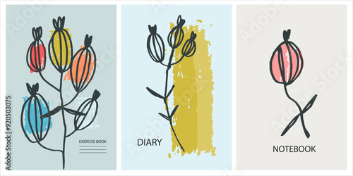 Set of cover page templates based on creative images. Cover or backgrounds for school notebooks, diaries. Headers isolated and replaceable